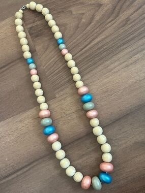 Wood Bead Necklace with Blue, Pink and Grey Accents